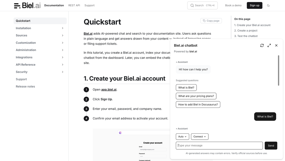 Biel chat widget in docs site