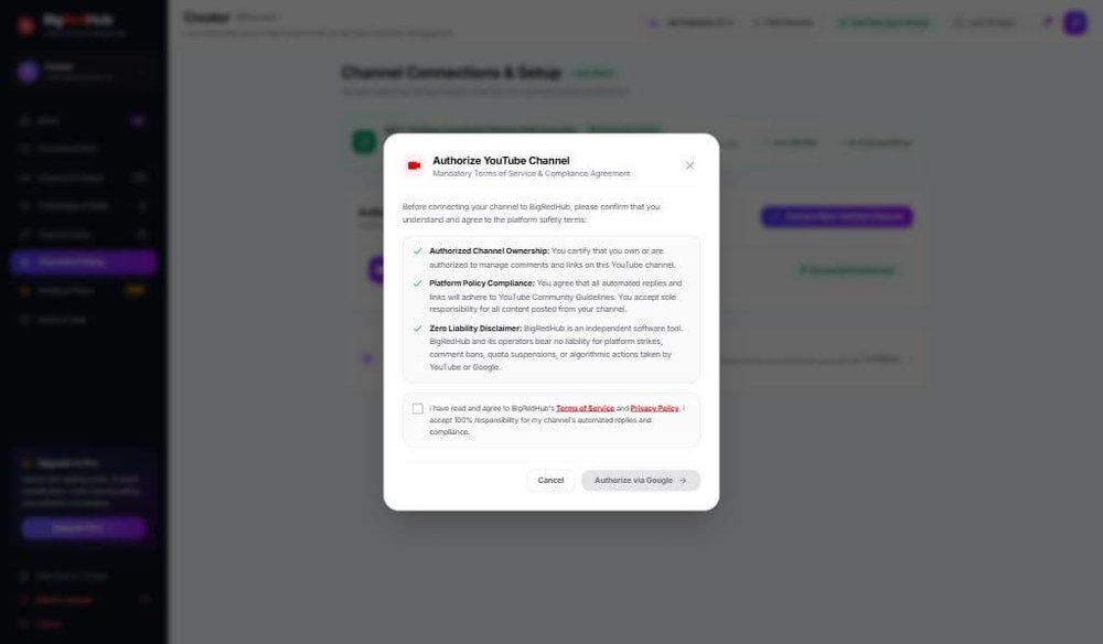 BigRedHub dashboard with a centered Authorize YouTube Channel dialog containing channel ownership, policy compliance, and liability disclaimer acknowledgments.