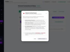 BigRedHub dashboard with a centered Authorize YouTube Channel dialog containing channel ownership, policy compliance, and liability disclaimer acknowledgments.