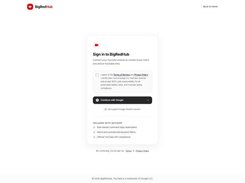 BigRedHub sign-in page with a terms checkbox, a Continue with Google button, and a list of included account features.