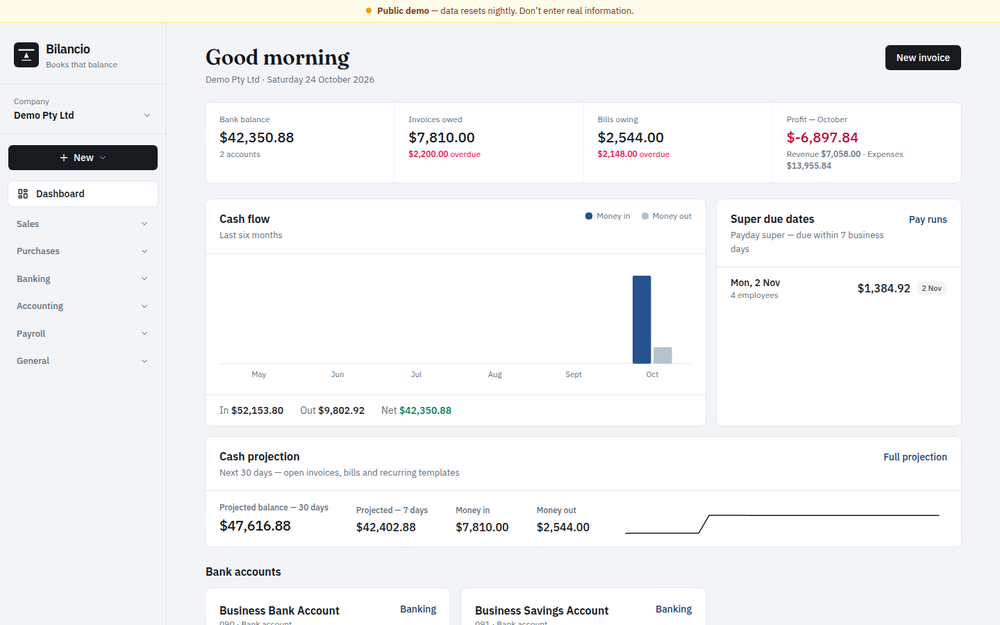 Bilancio dashboard showing bank balances, invoices, cash flow, due dates, and cash projections.