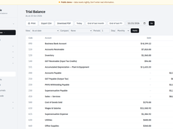 Bilancio Trial Balance report with account codes, debit and credit balances, date controls, and export actions.