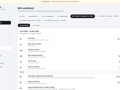 Bilancio BAS worksheet showing GST sales, purchases, payroll, and tax-withheld amounts for a reporting quarter.