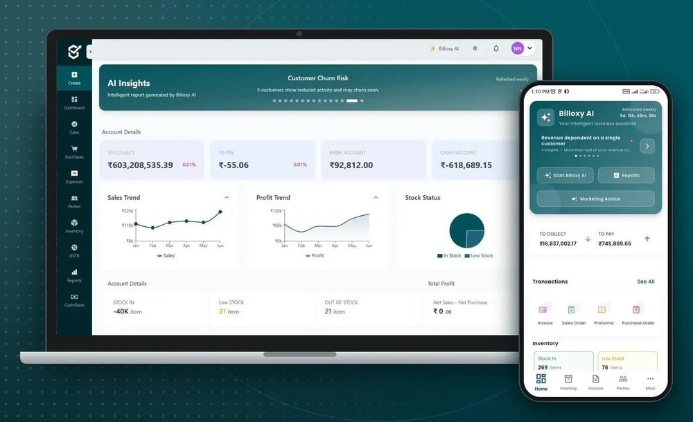 Billoxy web and mobile dashboards with AI insights, account balances, sales and profit charts, inventory, and transactions.