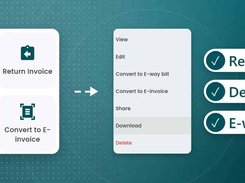 Invoice action menus for returns, debit notes, credit notes, e-way bills, and e-invoices.