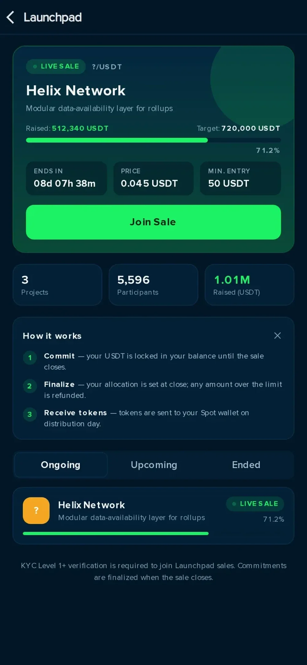 Dark mobile launchpad screen for a live Helix Network token sale with funds raised, target, token price, participation button, and sale instructions.