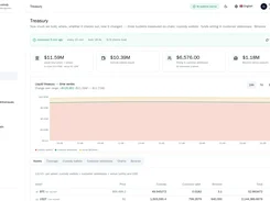 Treasury screen with liquid-total summary cards, a time-series chart, and an asset table for custody wallets, customer addresses, and Binance holdings.