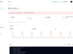 Ethereum node detail screen showing uptime, restart count, health, container image, chain-sync chart, and log panel.