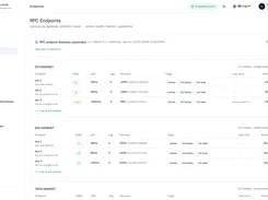 RPC Endpoints screen showing health, response latency, lag, success rates, flags, errors, and disable controls for several blockchain endpoint pools.