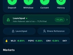 Dark mobile crypto-exchange home screen showing total assets, deposit and withdraw actions, a launchpad promotion, and market prices.
