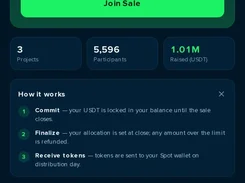 Dark mobile launchpad screen for a Helix Network live token sale, with fundraising progress, price, minimum entry, joining instructions, and sale tabs.