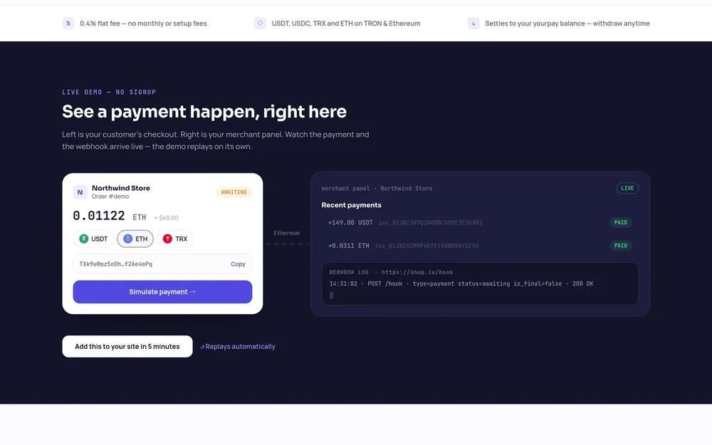 Crypto checkout for Northwind Store showing an ETH amount, USDT/ETH/TRX payment options, a payment simulation button, recent payments, and a webhook log.