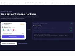 Crypto checkout for Northwind Store showing an ETH amount, USDT/ETH/TRX payment options, a payment simulation button, recent payments, and a webhook log.