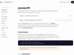 Yourpay API reference page showing base and sandbox URLs, authentication instructions, a curl request example, and invoice endpoint navigation.
