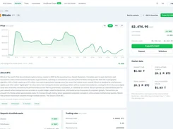 Bitcoin market detail page with a 30-day price chart, trading controls, market capitalization, supply statistics, and deposit and withdrawal status.