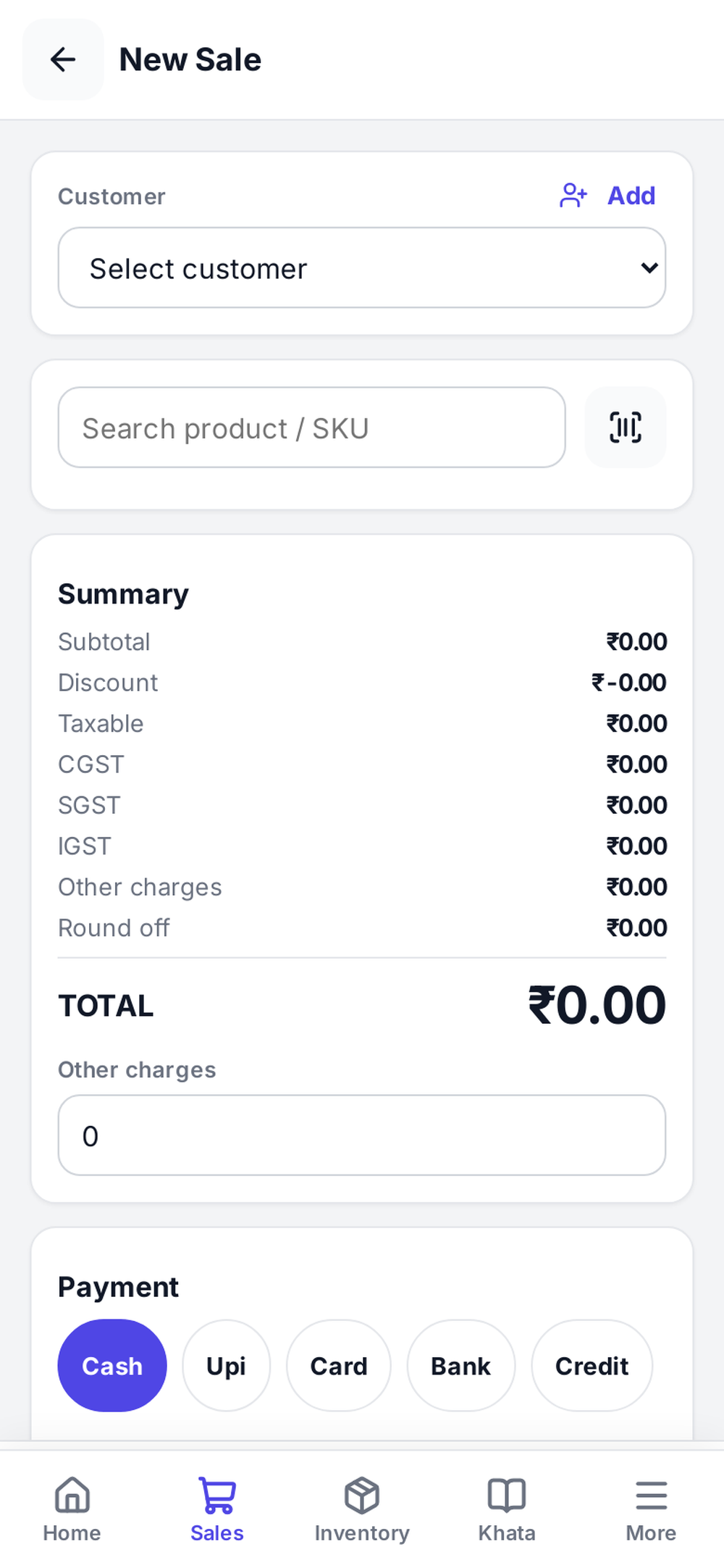 Mobile New Sale screen with customer selection, barcode or product search, tax and total summary, and Cash, UPI, Card, Bank, and Credit payment options.