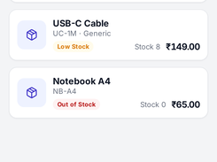 Mobile Inventory screen listing products with SKU or brand text, in-stock, low-stock, and out-of-stock labels, quantities, prices, search, filters, and navigation.