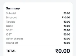 Mobile New Sale form with customer selection, product or SKU search, GST tax summary, total, other charges, and payment-method controls.