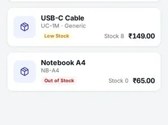 Mobile Inventory screen with product search, stock-status filters, product cards, stock quantities, prices, add buttons, and bottom navigation.