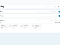Bizplay's Channels panel. See every connected screen in one view, each labeled by location and showing its current playlist. Preview or play content instantly, and manage all your displays from a single dashboard.