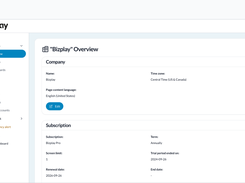 Bizplay's account overview and settings panel. Manage core company details, organization name, time zone, language settings and users, alongside subscription information including plan tier, screen limit and billing term.