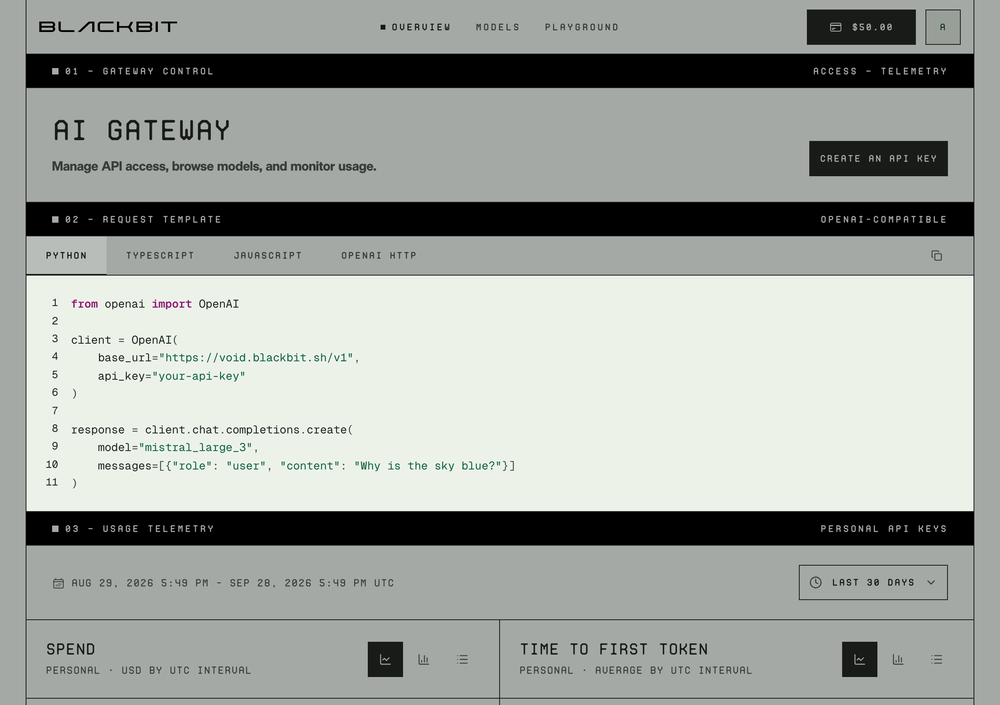 BlackBit Console dashboard with API request code template and usage telemetry panels.