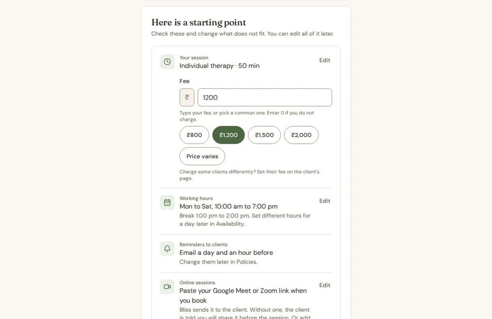 Light-mode Bliss setup screen for an individual therapy session, showing a ₹1,200 fee, working hours, client reminders, and online-session settings.