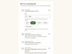 Light-mode Bliss setup screen for an individual therapy session, showing a ₹1,200 fee, working hours, client reminders, and online-session settings.