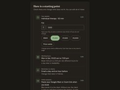 Dark-mode Bliss setup screen for an individual therapy session, showing a ₹1,200 fee, working hours, reminders, and online-session settings.