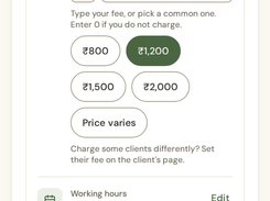 Mobile Bliss setup screen showing a 50-minute individual therapy service, ₹1,200 fee, working hours, reminders, and a Create my practice button.