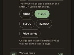 Dark-mode mobile Bliss setup screen showing therapy session pricing, working hours, reminders, and a Create my practice button.