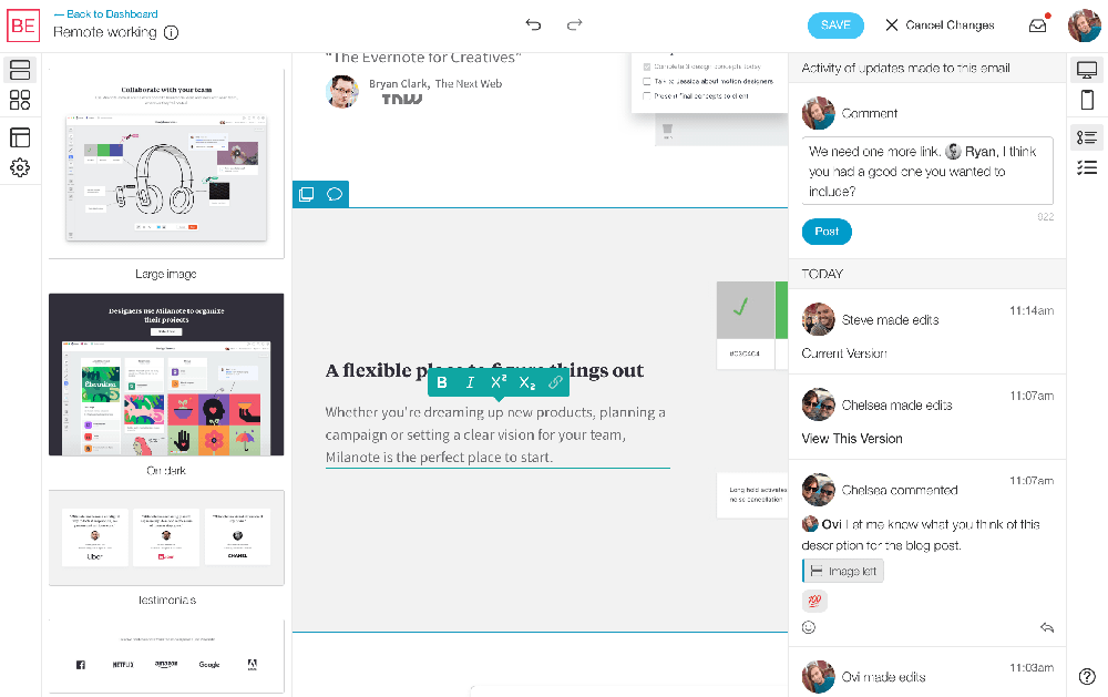 Blocks Edit screenshot of the visual editor with the team comments in the activity panel
