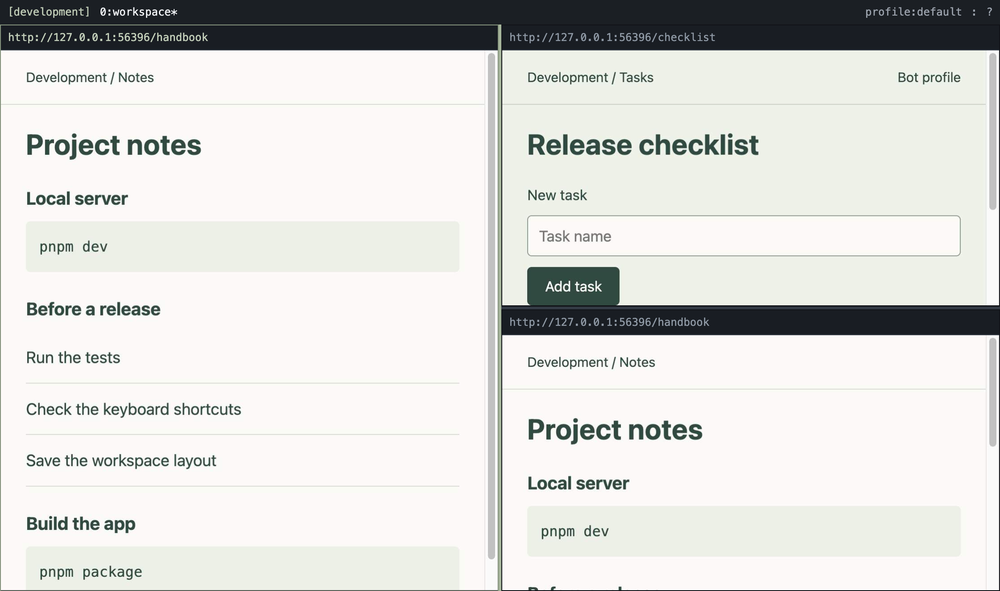 bmux development workspace divided into three local web-page panes showing project notes and a release checklist with a task input and Add task button.