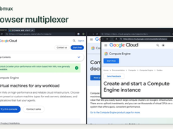 bmux browser workspace showing tiled Google Cloud pages, with a smaller documentation window layered over two side-by-side panes.