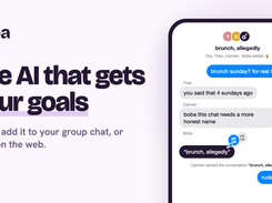 Promotional graphic for Boba showing the headline “The AI that gets your goals” beside a phone-framed group-chat interface where Boba helps name a conversation “brunch, allegedly.”