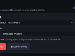 Bobbin recorder screen with microphone, tab or system audio, webcam bubble, and countdown options above Start recording and Camera only buttons.