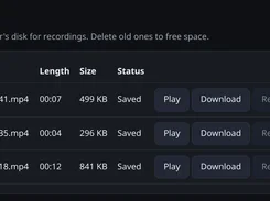 Bobbin Library page listing saved MP4 recordings with length, size, status, and Play, Download, Rename, and Delete buttons.