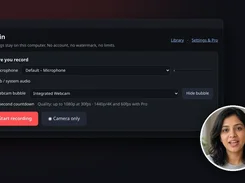 Bobbin recorder interface in a browser-style window with recording options and a circular webcam bubble.