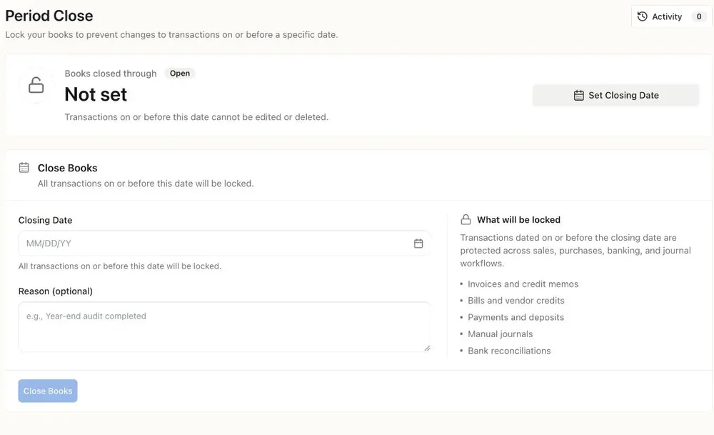 Period Close page with a closing-date field, optional reason field, Close Books button, and list of transaction types that will be locked.