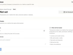Period Close page with a closing-date field, optional reason field, Close Books button, and list of transaction types that will be locked.