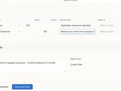 Journal entry form showing two journal lines for Insurance and Prepaid Expenses, debit and credit amounts, a memo, totals, and save controls.