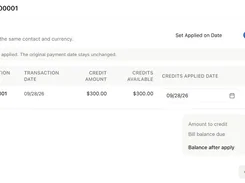 Apply credits dialog for bill BIL-000001, showing an excess payment credit, amount field, bill balance, and Apply credits button.