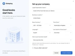Bokeping company setup screen with fields for legal organization name, business location, currency, time zone, language, fiscal year, and tax status.