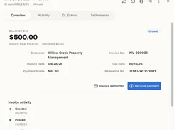 Invoice Details page for invoice INV-000001, showing a $500 balance due, customer and invoice information, activity timeline, and payment controls.