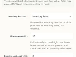 Bokeping inventory information form with fields for inventory account, opening quantity, and opening unit cost.