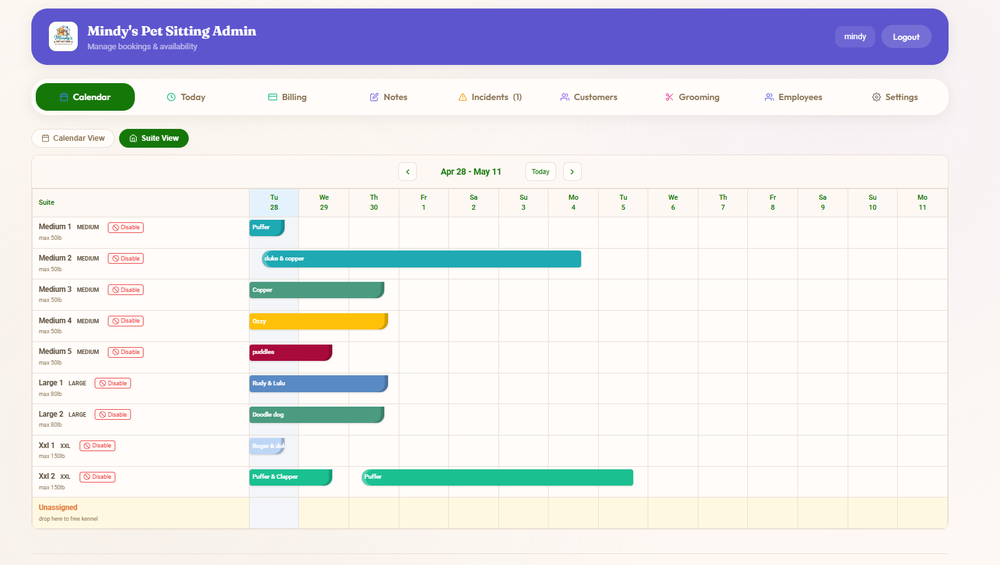 BooknBuddy pet-sitting admin suite calendar showing kennel rows and color-coded pet reservations across dates.