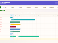 BooknBuddy pet-sitting admin suite calendar showing kennel rows and color-coded pet reservations across dates.