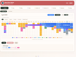 Pet-care admin calendar for April 2026 with color-coded booking blocks, service filters, capacity controls, and booking actions.