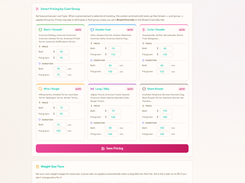 Smart Pricing by Coat Group settings page with grooming price and duration fields for six coat categories.