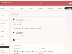 Discounts settings page with multi-pet, long-stay, and promo-code configuration controls.